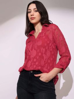 Globus - Women Red Collared V-neck Long Roll-up Sleeves Floral Casual Top