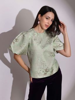 Globus - Women Green Round Neck Floral Brocade Party Top