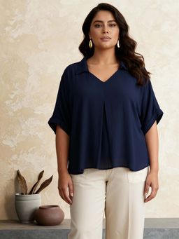 Globus - Women Blue Collared V-neck Extended Sleeves Self Design Plus Size Top