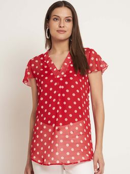 Curvydrobe - Casual Cap Sleeves Polka Print Women Red Top