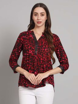Curvydrobe - Casual Regular Sleeves Women Burgundy Half Placket With Mandarin Collar Top