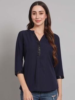 Curvydrobe - Women Navy Blue Half Placket With Mandarin Collar Top