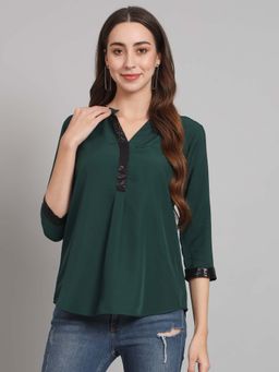 Curvydrobe - Women Green Half Placket With Mandarin Collar Top