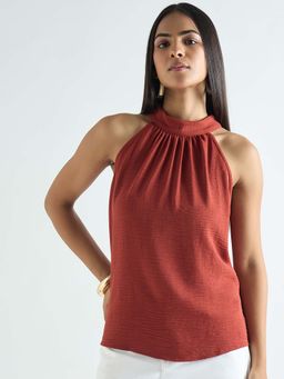 Femmella - Rust Halter Neck Back Tie Detail Top