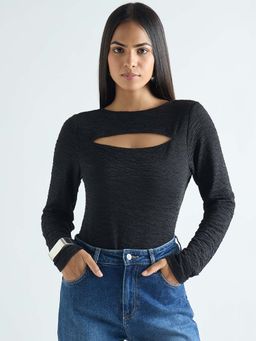 Femmella - Black Textured Cut-Out Detail Top