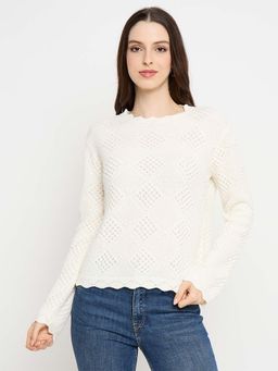 Madame - Textured Scalloped Hem Off White Knitted Top