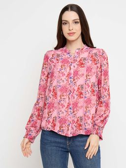 Madame - Floral Print Lace Detailed Pink Top