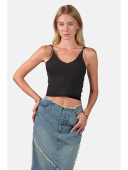 Virgio - Self Design Viscose Slim Fit Strappy Knit Sleeveless Black Cami for Women