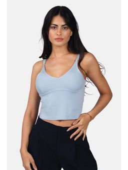 Virgio - Self Design Viscose Slim Fit Strappy Knit Sleeveless Blue Cami for Women