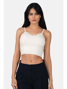 Virgio - Self Design Viscose Lurex Strappy Knit V-Neck White Cami for Women