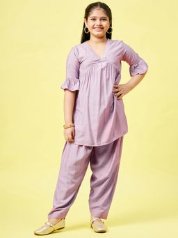 Stylo Bug - Girls Printed V Neck Full Long Length Ethnic Wear Kurta-Purple (Set of 2)