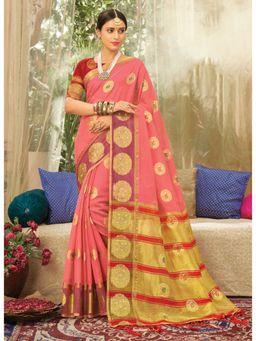 Sangam Prints - Light Pink Organza Woven Zari Work Traditional Tassel Saree with Unstitched Blouse
