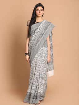 Indethnic - White Printed Cotton Blend Saree with Unstitched Blouse