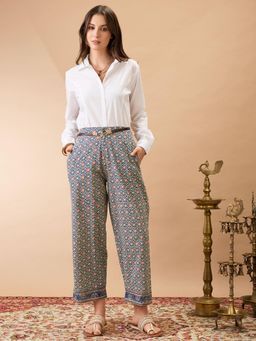 Globus - Indigo Ethnic Print Mid-Rise Straight Fit Fusion Pant