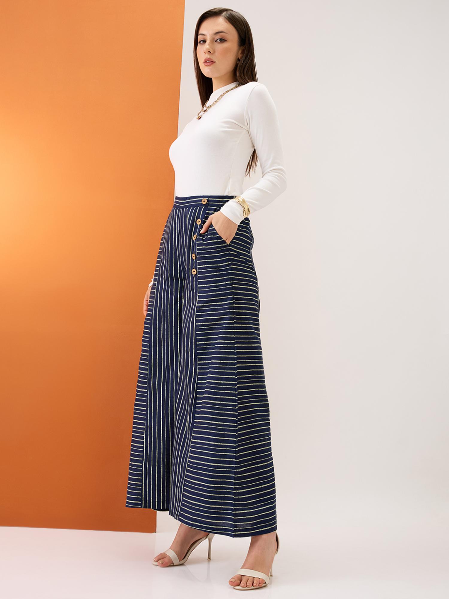 Indigo Variegated Stripes Button Detail Mid-Rise Flared Fusion Pant-image-3