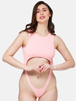 Secrets By ZeroKaata - Women Ribbed Solid Swimwear Bodysuit Pink