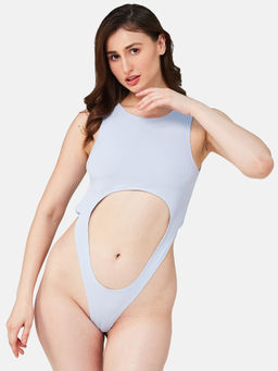 Secrets By ZeroKaata - Women Ribbed Solid Swimwear Bodysuit Blue