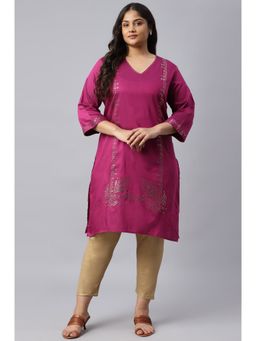 W - Magenta Mukaish Embellished Sequined Plus Size Kurta With Sequins