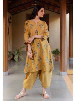 The Indian Ethnic Co. - Daksha Mustard Ajrakh Chanderi Silk A Line Kurta