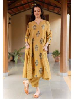 The Indian Ethnic Co. - Sonia Mustard Ajrakh Chanderi Silk Kali Kurta