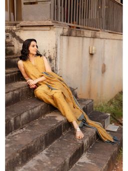The Indian Ethnic Co. - Nida Mustard Ajrakh Chanderi Silk A Line Kurta