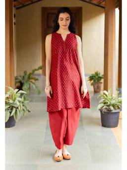 The Indian Ethnic Co. - Nida Madder Maroon Ajrakh Chanderi Silk A Line Kurta