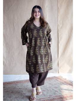 The Indian Ethnic Co. - Saisha Brown Ajrakh Cotton Jhabbha Kali Kurta