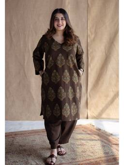 The Indian Ethnic Co. - Juhi Brown Ajrakh Cotton Straight Kurta