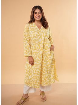The Indian Ethnic Co. - Ritika Yellow Hand Block Print Slub Cotton Jhabbha Kali Kurta