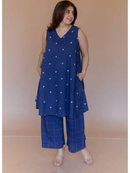 The Indian Ethnic Co. - Arvika Blue Dabu Cotton A Line Kurta