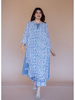 The Indian Ethnic Co. - Zeha Blue Batik MulMul A Line Kurta with Slip