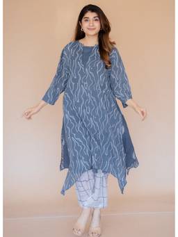The Indian Ethnic Co. - Jarsha Blue Batik MulMul A Line Kurta with Slip