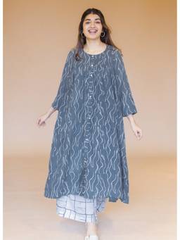 The Indian Ethnic Co. - Nimra Blue Batik MulMul A Line Kurta with Slip