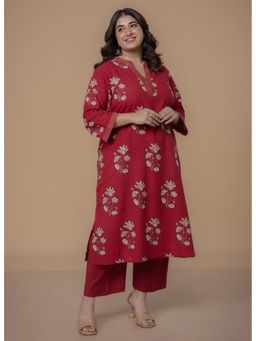 The Indian Ethnic Co. - Vaanya Red Dabu Slub Cotton Straight Kurta