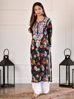 House of Chikankari - Nuha Black Chikankari Mulmul Straight Kurta