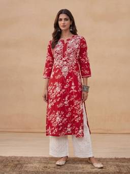 House of Chikankari - Red Zainab Mulmul Chikankari Printed Straight Kurta