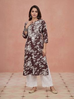 House of Chikankari - Zainab Mulmul Brown Chikankari Printed Straight Kurta