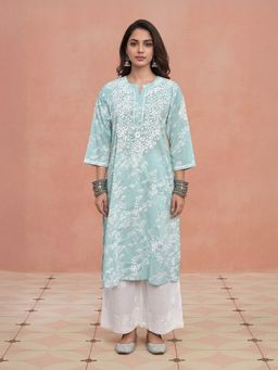 House of Chikankari - Zainab Mulmul Green Chikankari Printed Straight Kurta