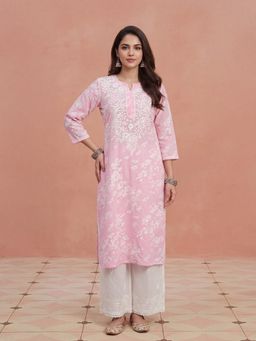 House of Chikankari - Zainab Mulmul Pink Chikankari Printed Straight Kurta