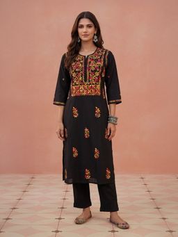 House of Chikankari - Cotton Chikankari Black Long Kurta