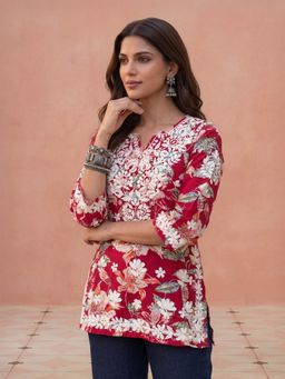 House of Chikankari - Hoc Red Printed Cotton Chikankari Short Kurta