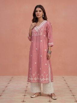 House of Chikankari - Hoc Chikankari Chanderi Pink Long Kurta