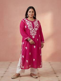 House of Chikankari - Hoc Plus Pink Modal Chikankari Kurta