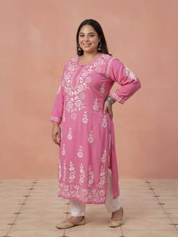 House of Chikankari - Hoc Plus Pink Rayon Chikankari Kurta