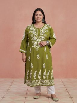 House of Chikankari - Hoc Plus Olive Rayon Chikankari Kurta