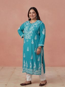House of Chikankari - Hoc Plus Teal Rayon Chikankari Kurta