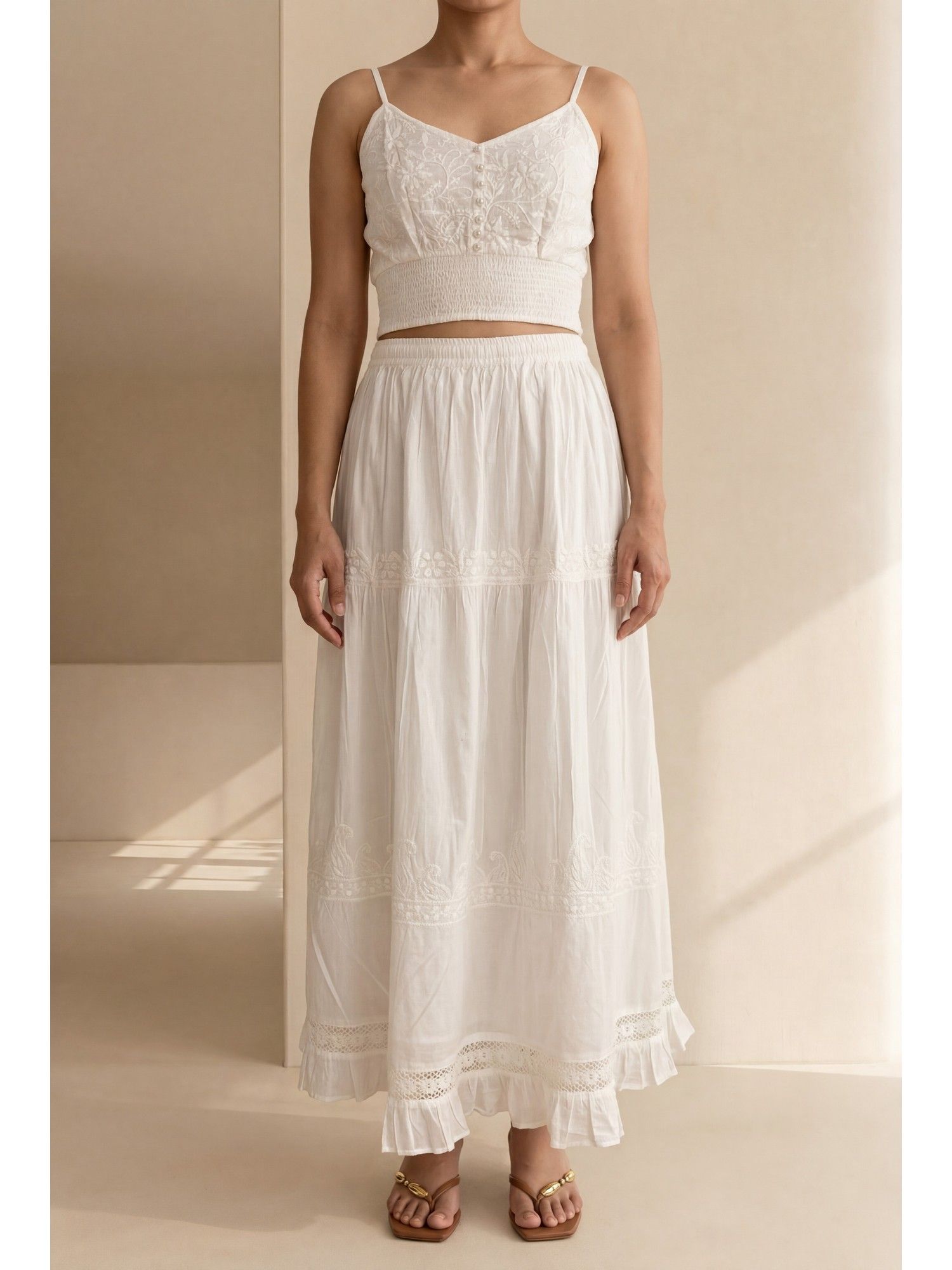 Women White Cotton Cambric Chikankari Skirt-image-6