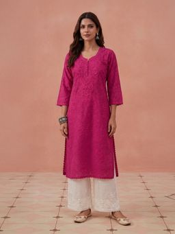 House of Chikankari - Hoc Women Fuchsia Cotton Jacquard Chikankari Kurta
