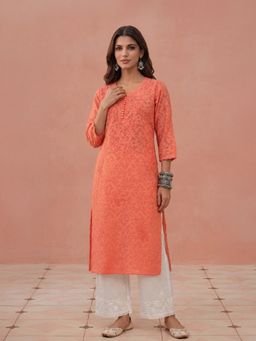 House of Chikankari - Hoc Women Coral Cotton Jacquard Chikankari Kurta