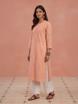 House of Chikankari - Hoc Women Orange Cotton Chikankari Kurta